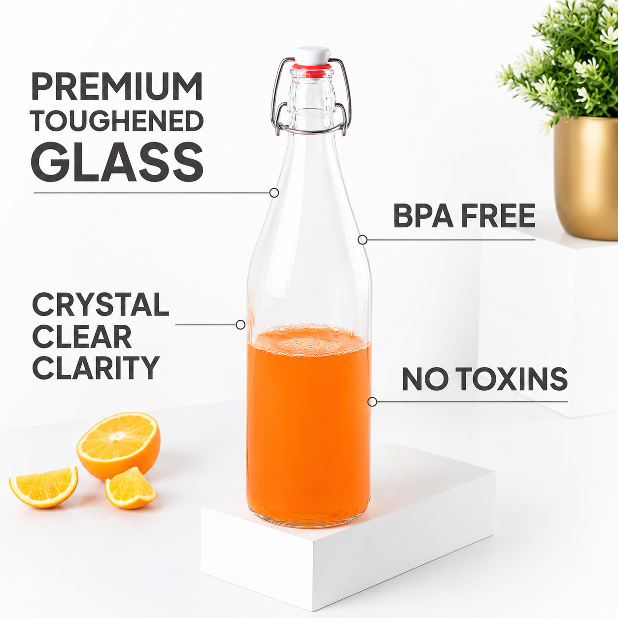 Tuvira Global Premium Glass Water Bottle with Airtight Flip-Top Lid (1000ML)