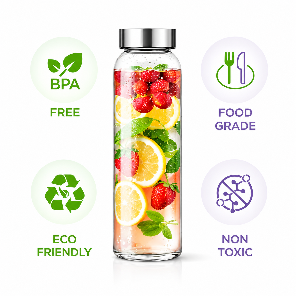 Leakproof Glass Water Bottle with Stainless Steel Lid