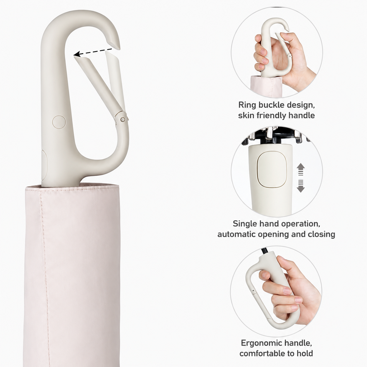 Premium UV Protection Travel Umbrella with Carabiner Handle | Windproof Auto Open & Close