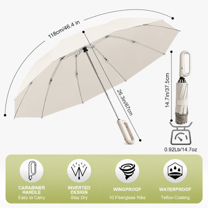 Premium UV Protection Travel Umbrella with Carabiner Handle | Windproof Auto Open & Close