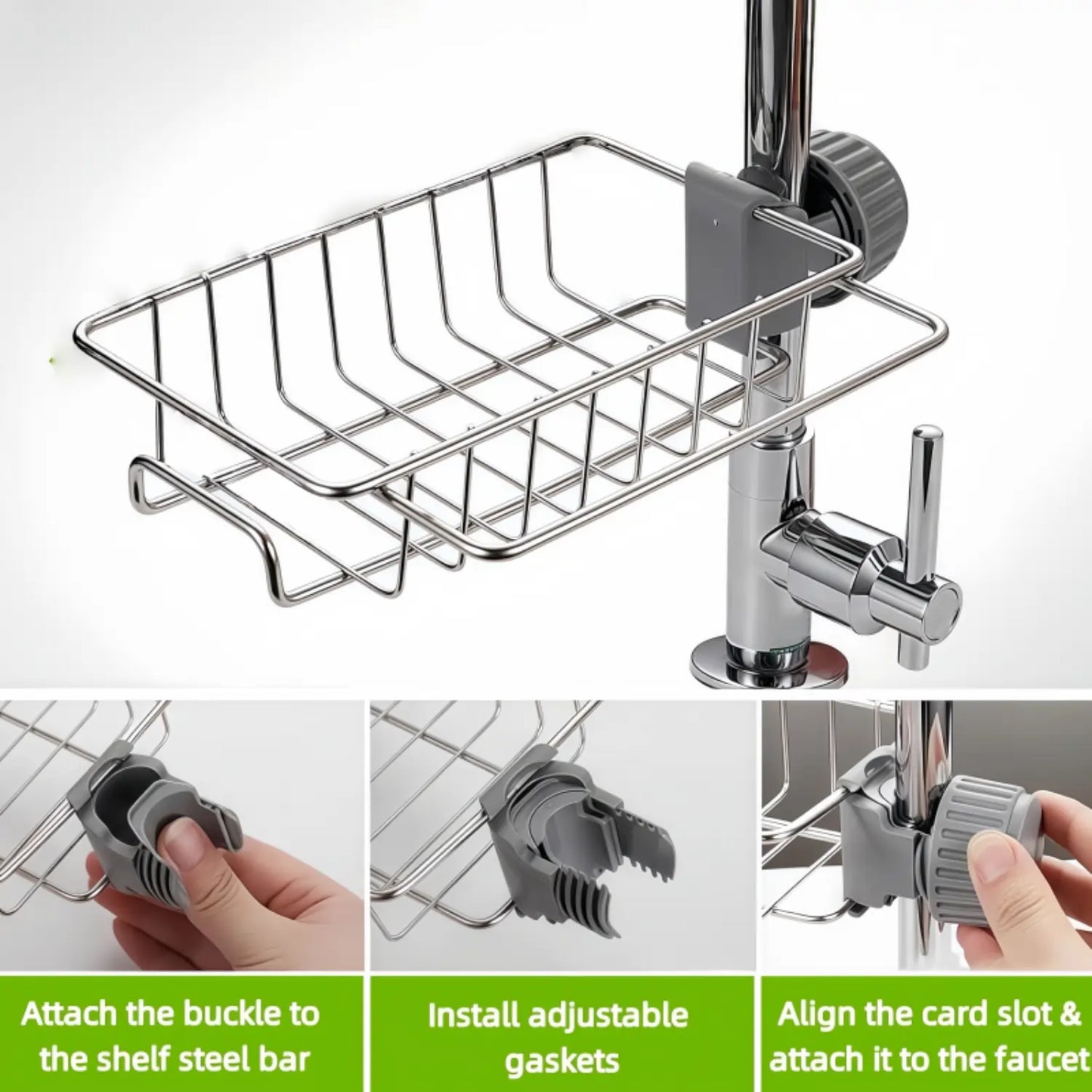 Kitchen Sink Sponge Holder – Over Faucet Stainless Steel Caddy for Soap, Brushes & Scrubbers – No Suction or Drilling Needed