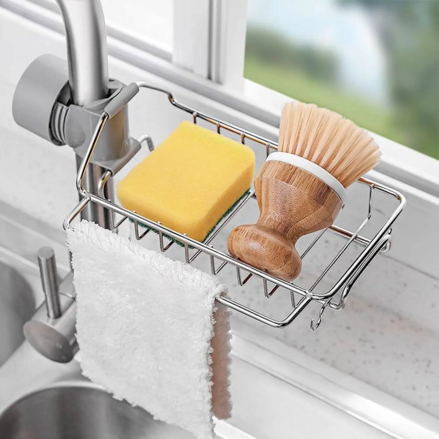 Kitchen Sink Sponge Holder – Over Faucet Stainless Steel Caddy for Soap, Brushes & Scrubbers – No Suction or Drilling Needed